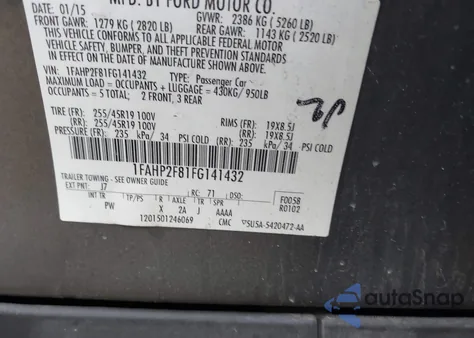 2015 Ford Taurus Limited из США, поврежденный, VIN 1FAHP2F81FG141432